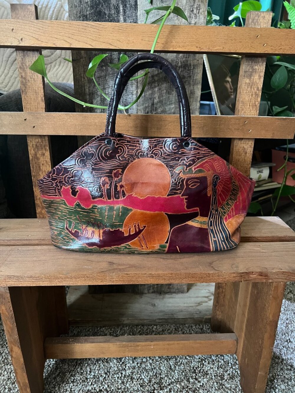 Vintage Shantiniketan Hand-Tooled Embossed Leather Handbag